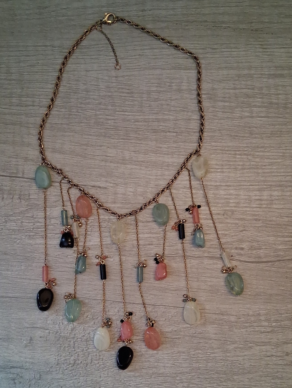 Urban Outfitters Gold-Tone Fringe Necklace with Pastel Green Pink Black Accents